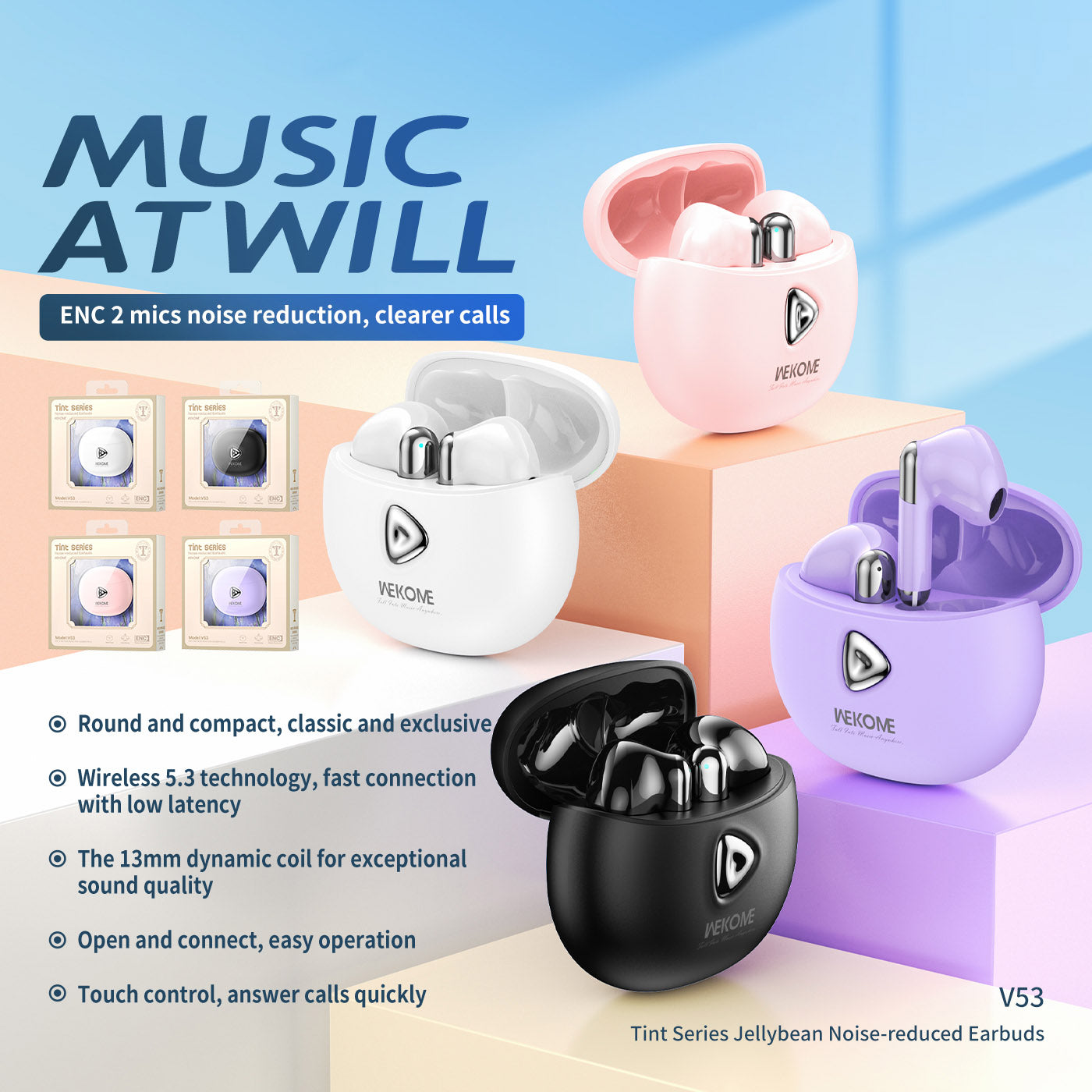 WEKOME V53 Tint Series Noise Reduction Earbuds Bluetooth Headset Portable Headphones Support Touch Control WEKOME V53 Tint Series Noise Reduction Earbuds Bluetooth Headset Portable Headphones Support Touch Control